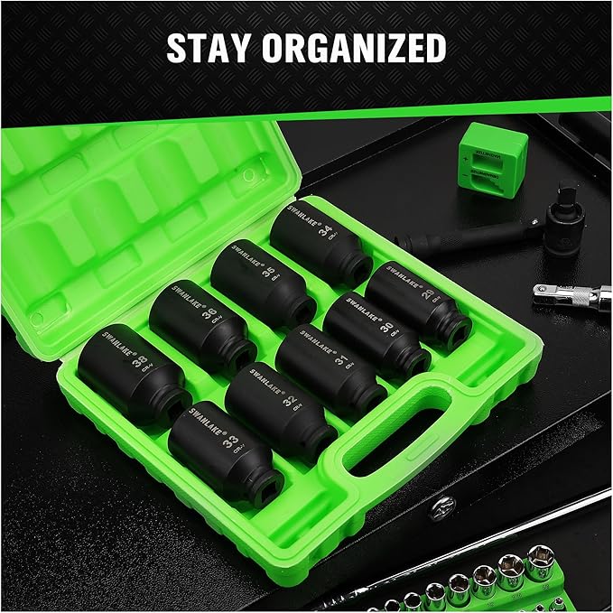 Set of black sockets in a green tool case with text 'Stay Organized' on a black background.
