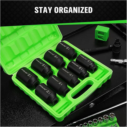Set of black sockets in a green tool case with text 'Stay Organized' on a black background.