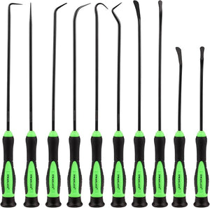 Set of black and green tools with green handles on a white background