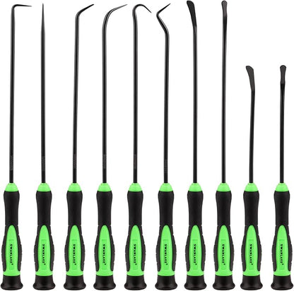 Set of black and green tools with green handles on a white background