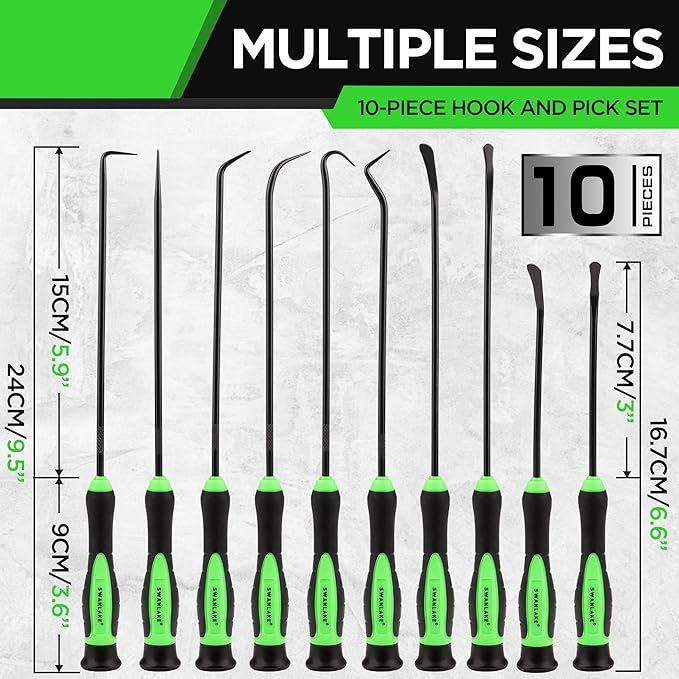 10-piece hook and pick set with green handles and measurements on a white background