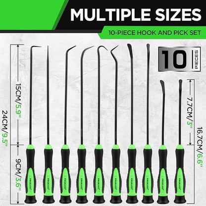 10-piece hook and pick set with green handles and measurements on a white background