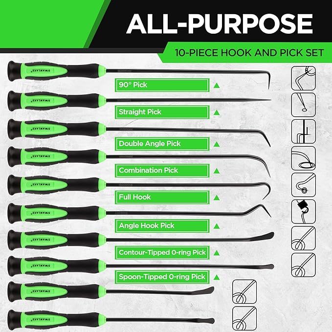 10-piece hook and pick set with green handles and black shafts on a white background.