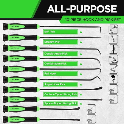 10-piece hook and pick set with green handles and black shafts on a white background.