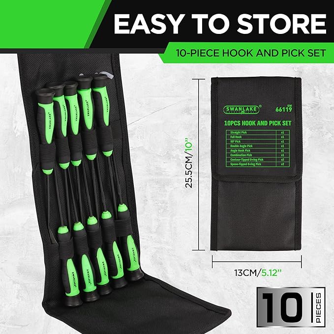 10-piece hook and pick set with black pouch on a gray background