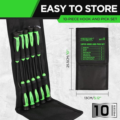 10-piece hook and pick set with black pouch on a gray background