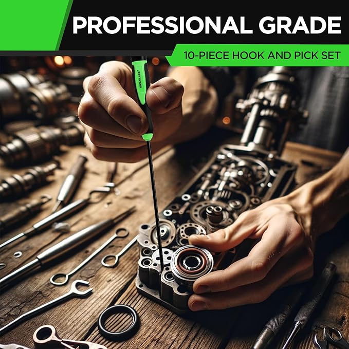 Person working on a mechanical component with a 'Professional Grade' 10-piece hook and pick set.