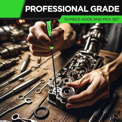 Person working on a mechanical component with a 'Professional Grade' 10-piece hook and pick set.