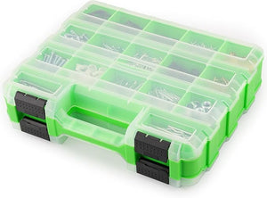 Green and clear plastic storage box with compartments on a white background