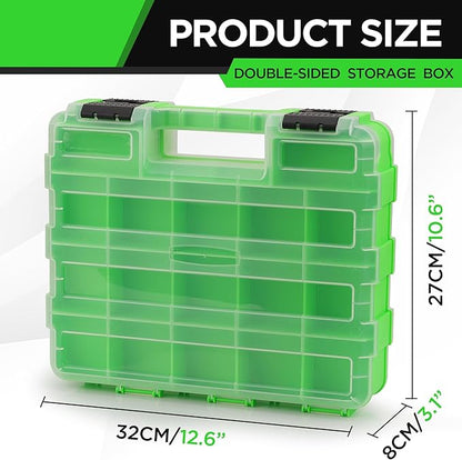 Green double-sided storage box with dimensions displayed on a white background