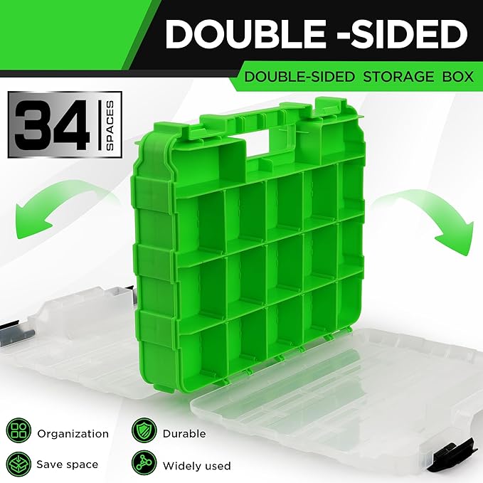 Green double-sided storage box with 34 spaces on a white background