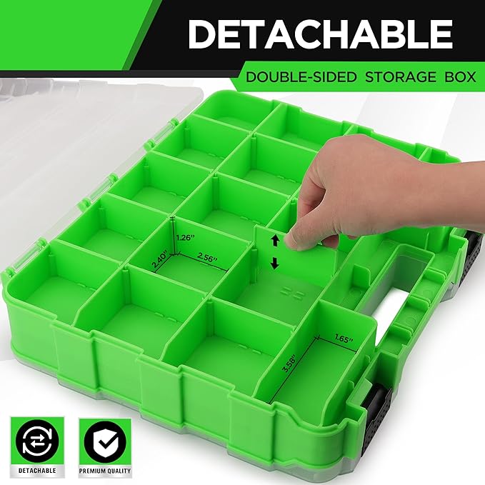 Green detachable double-sided storage box with a hand interacting with it, on a white background.
