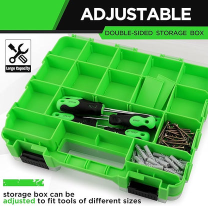Green adjustable double-sided storage box with tools and screws on a white background