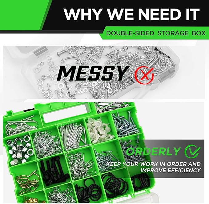 Green double-sided storage box with screws and tools, labeled 'Why We Need It' on a white background.