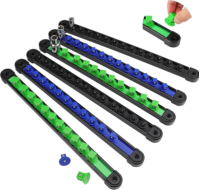 Set of black and green building blocks with blue connectors on a white background