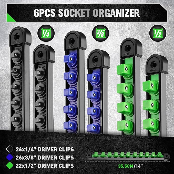 6-piece socket organizer with driver clips in different sizes on a gray background