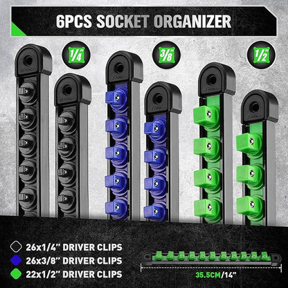 6-piece socket organizer with driver clips in different sizes on a gray background