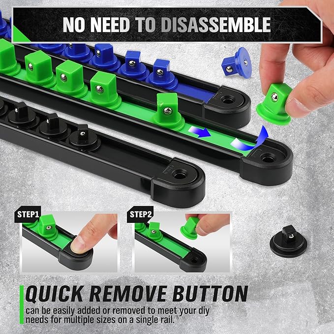 Mechanical components with green, blue, and black parts on a gray background.