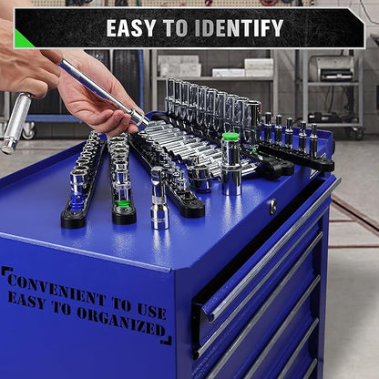 Blue toolbox with organized tools and text 'Easy to Identify' and 'Convenient to Use, Easy to Organized'.