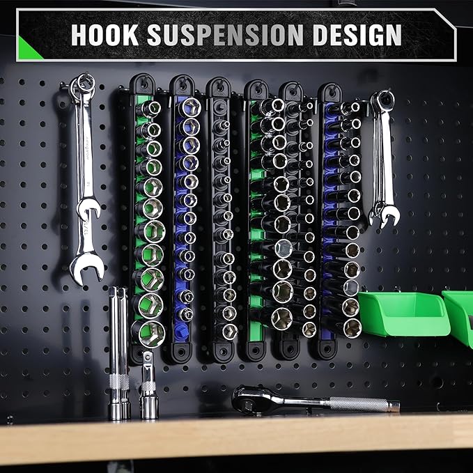 Wall-mounted tool organizer with various tools on a pegboard background