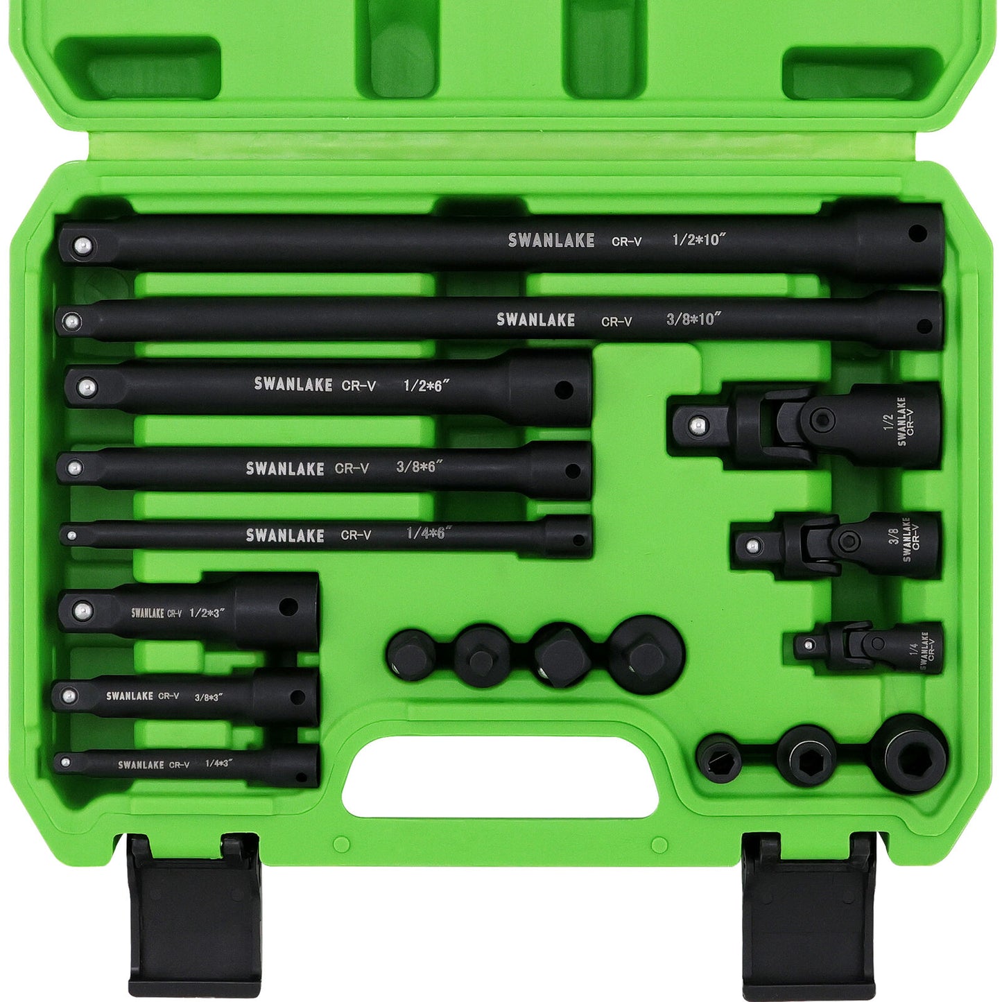 Set of Swanlake tools in a green case on a white background