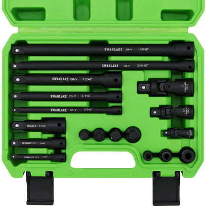 Set of Swanlake tools in a green case on a white background
