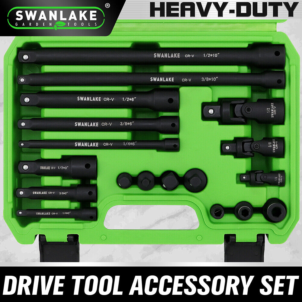 Swanlake heavy-duty drive tool accessory set in a green case on a white background