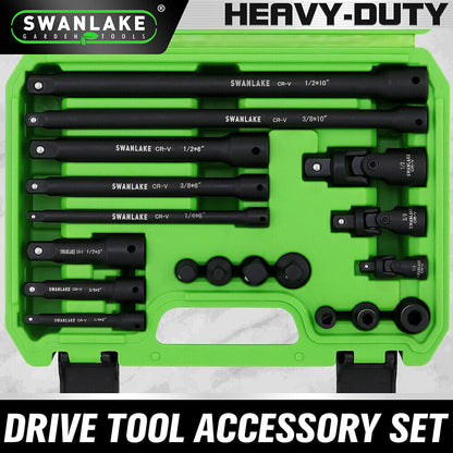 Swanlake heavy-duty drive tool accessory set in a green case on a white background