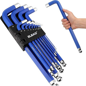 Set of blue Allen wrenches with a carrying case, held by a hand.