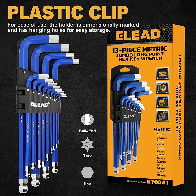 Elead 13-piece metric jumbo long point hex key wrench set with packaging on a black background