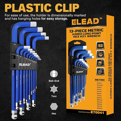 Elead 13-piece metric jumbo long point hex key wrench set with packaging on a black background