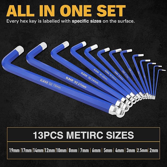 Set of blue hex keys with labeled sizes on a dark background