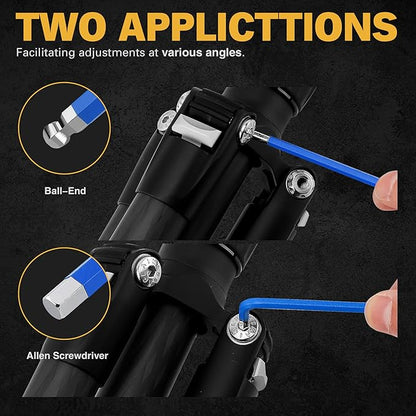 Adjustment tool with ball-end and Allen screwdriver applications on a dark background