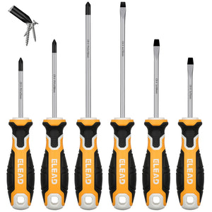 A set of six ELEAD magnetic screwdrivers with yellow and black handles and silver shafts, including both Phillips and slotted types.