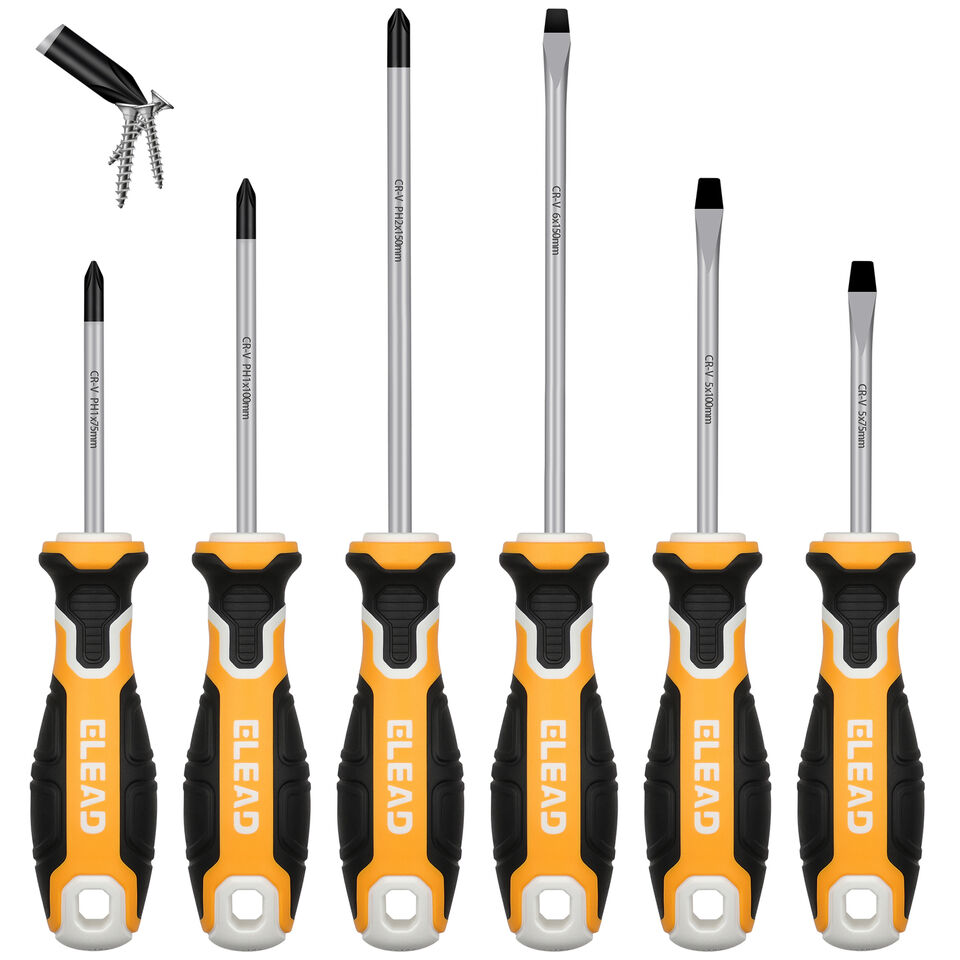 A set of six ELEAD magnetic screwdrivers with yellow and black handles and silver shafts, including both Phillips and slotted types.