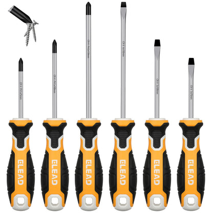 A set of six ELEAD magnetic screwdrivers with yellow and black handles and silver shafts, including both Phillips and slotted types.