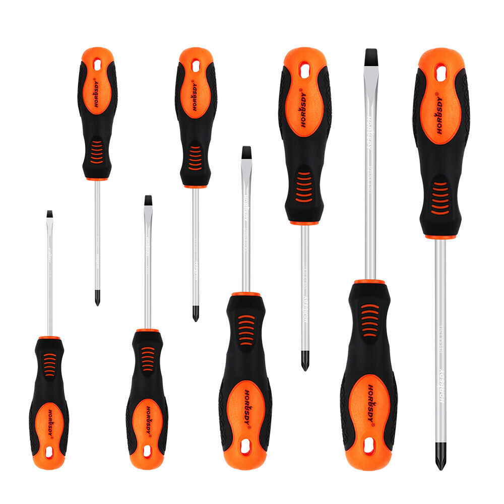 A set of HORUSDY magnetic screwdrivers with black and orange handles and silver shafts, including both Phillips and slotted types.