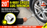 20” Wheel Brace Spanner 4-way Cross Wrench Car Tyre Nut 17 19 21 23mm Socket