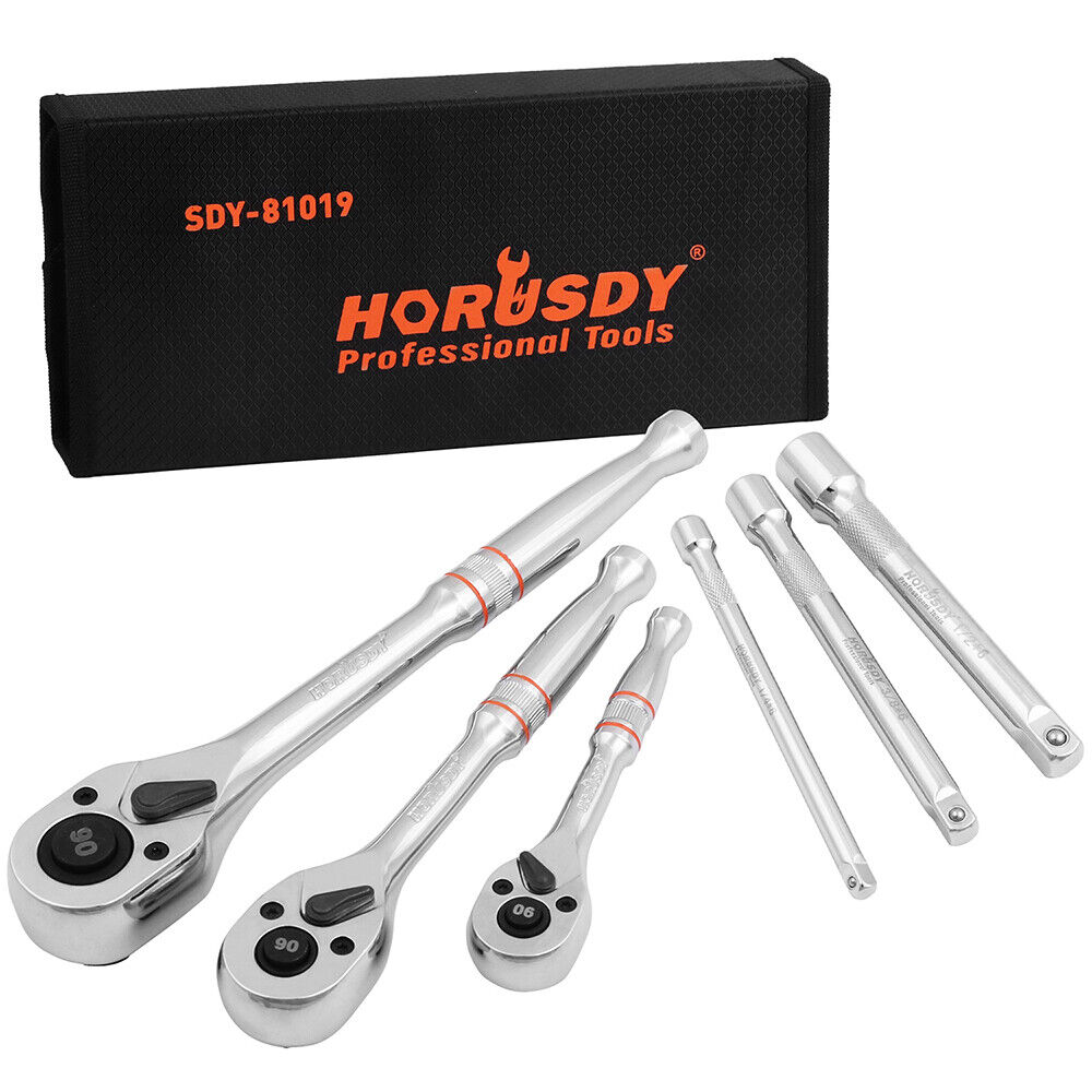 A set of mini ratchet spanners in different sizes with extension bars, displayed in front of their packaging box which has the brand 'HORUSDY' printed on it.