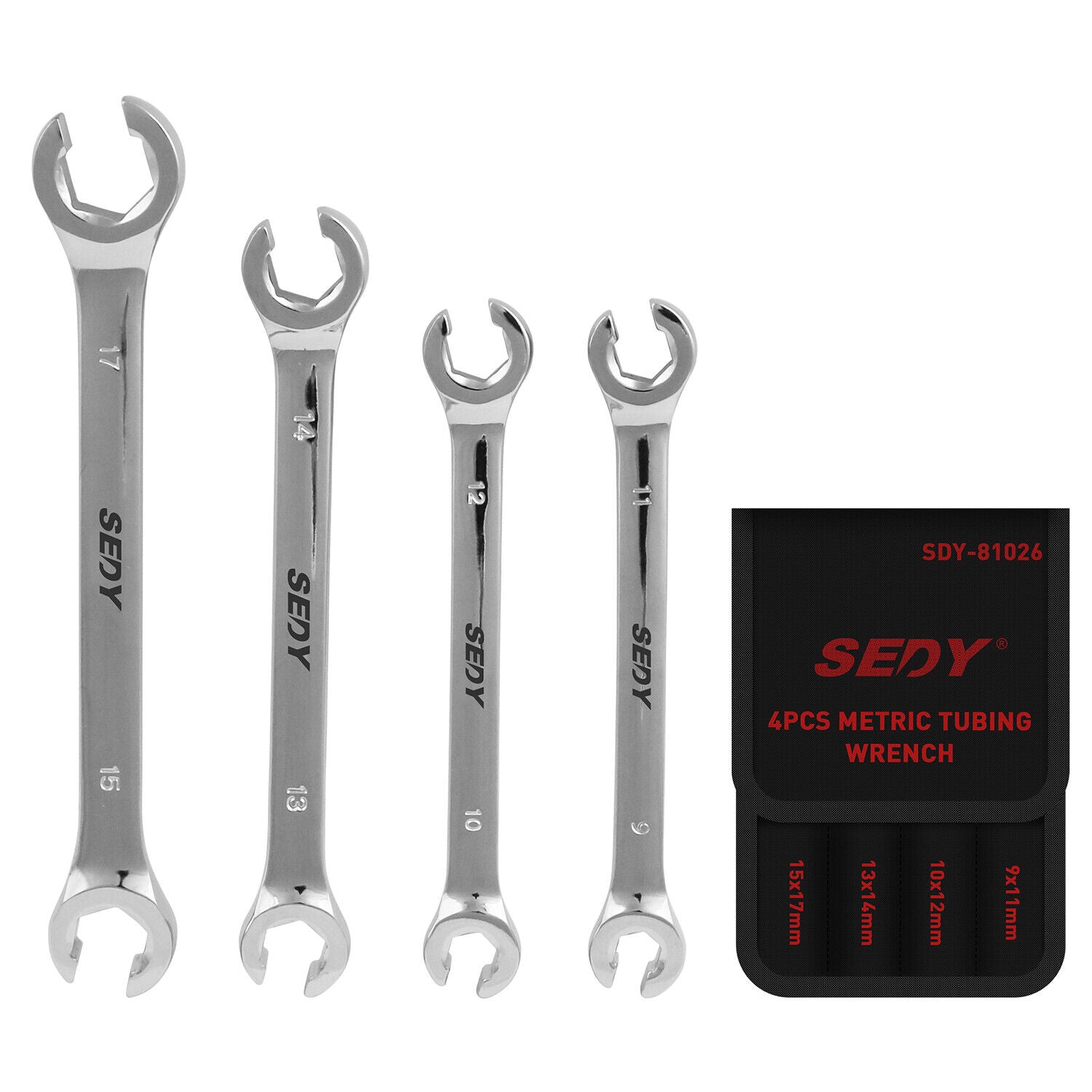 Set of SEDY metric tubing wrenches with a black pouch on a white background