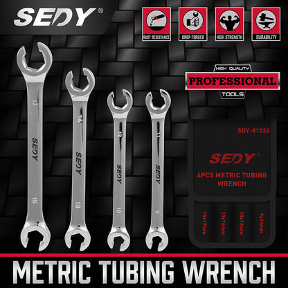 Set of SEDY metric tubing wrenches with packaging on a black textured background