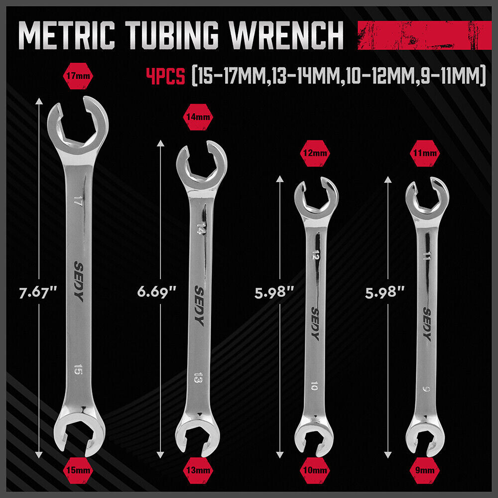 Set of four metric tubing wrenches with sizes and measurements on a black background