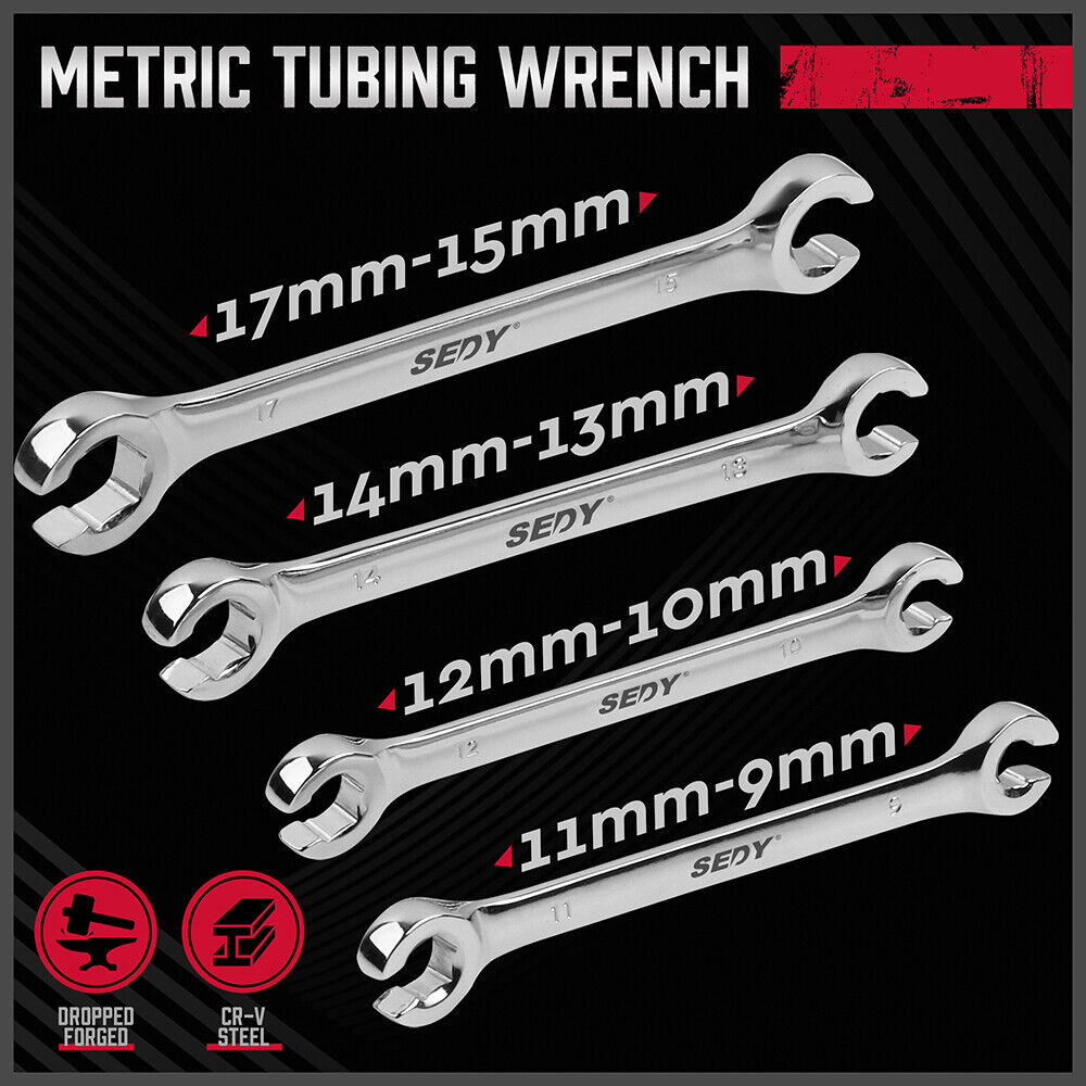 Set of SEDY metric tubing wrenches on a black background with red accents.
