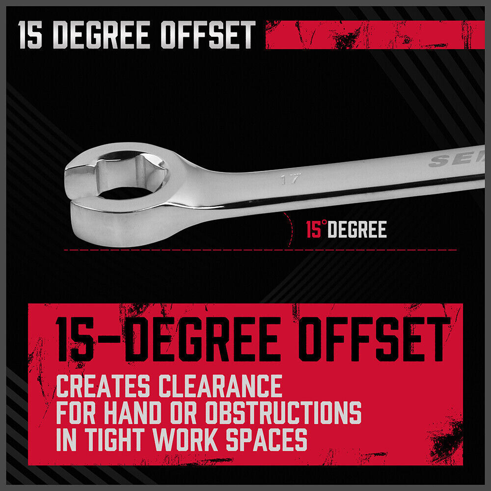 Silver wrench with '15 Degree Offset' text on a black and red background
