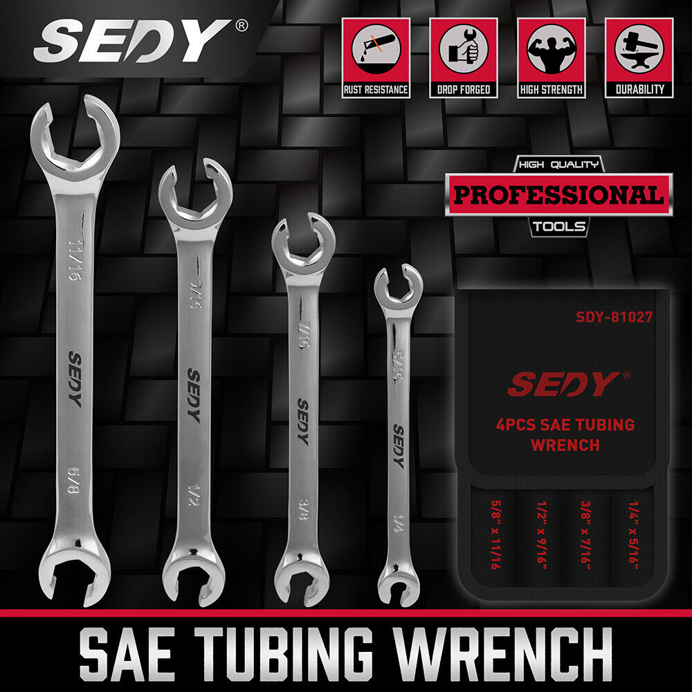Set of SEDY SAE tubing wrenches with packaging on a black woven background