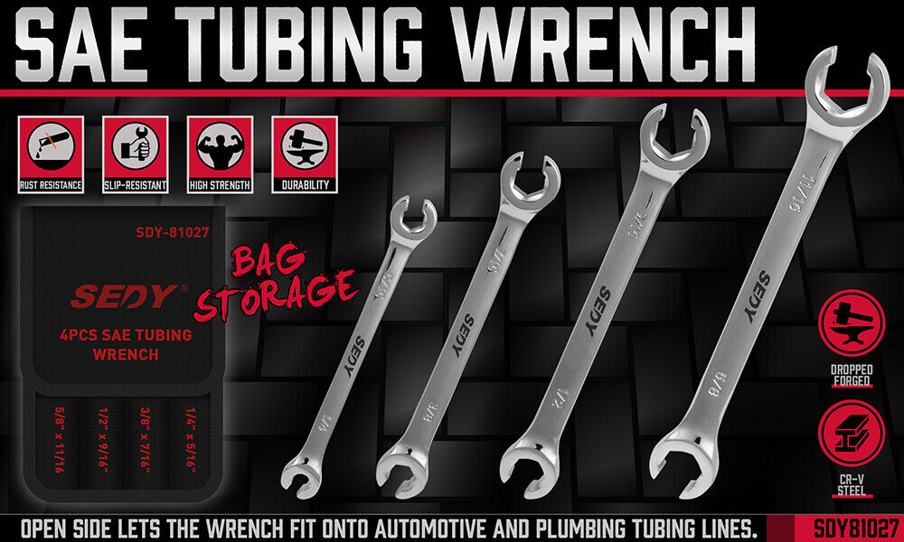 Set of SAE tubing wrenches with storage bag on a black textured background