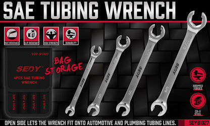 Set of SAE tubing wrenches with storage bag on a black textured background