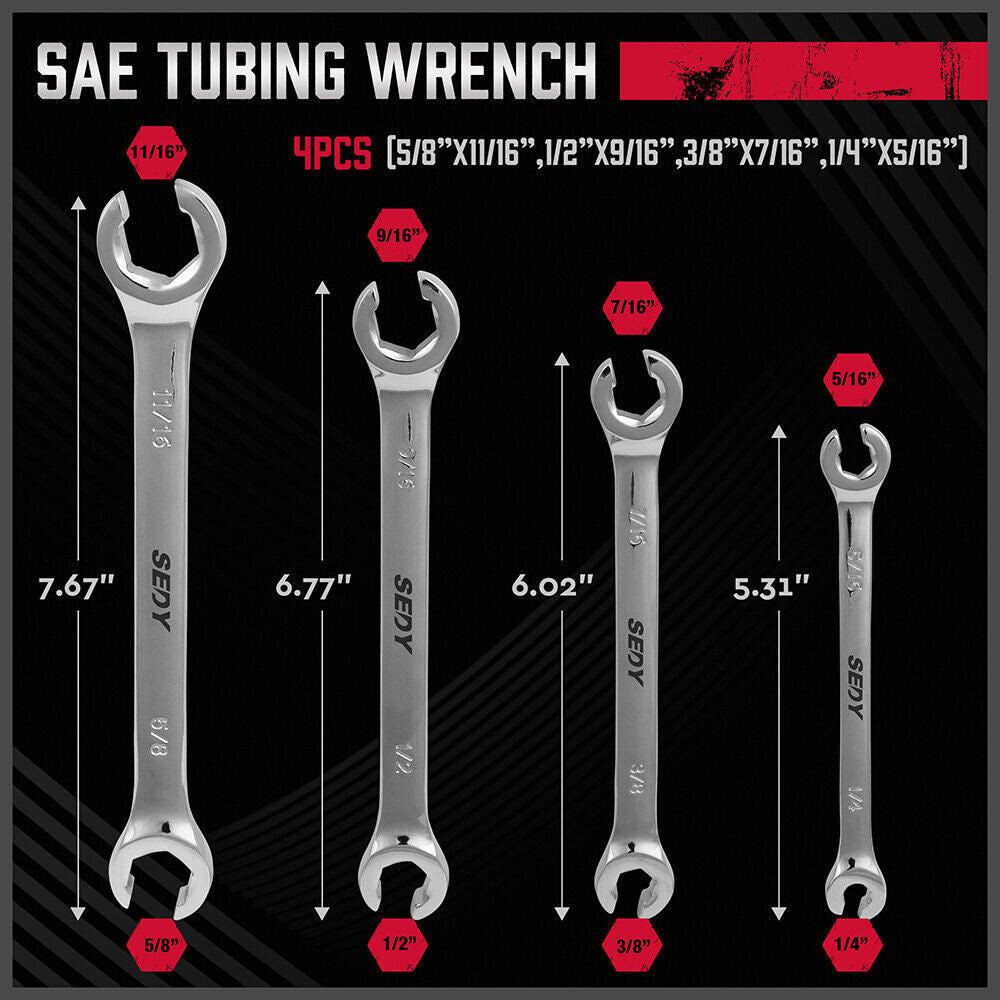 Set of SAE tubing wrenches with measurements on a black background