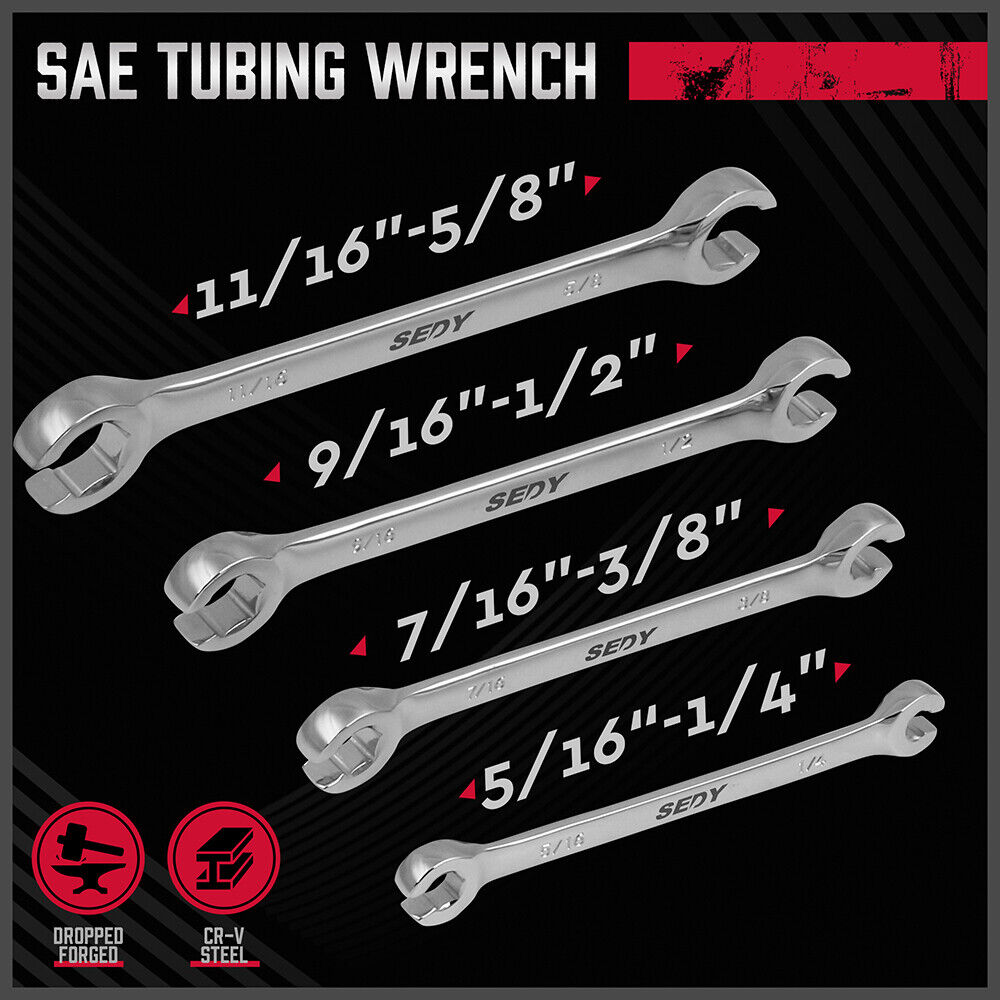 Set of SAE tubing wrenches with sizes labeled on a black background