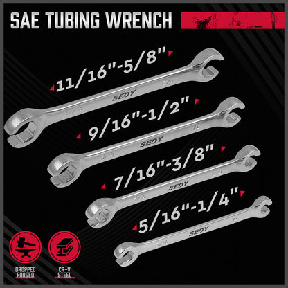Set of SAE tubing wrenches with sizes labeled on a black background